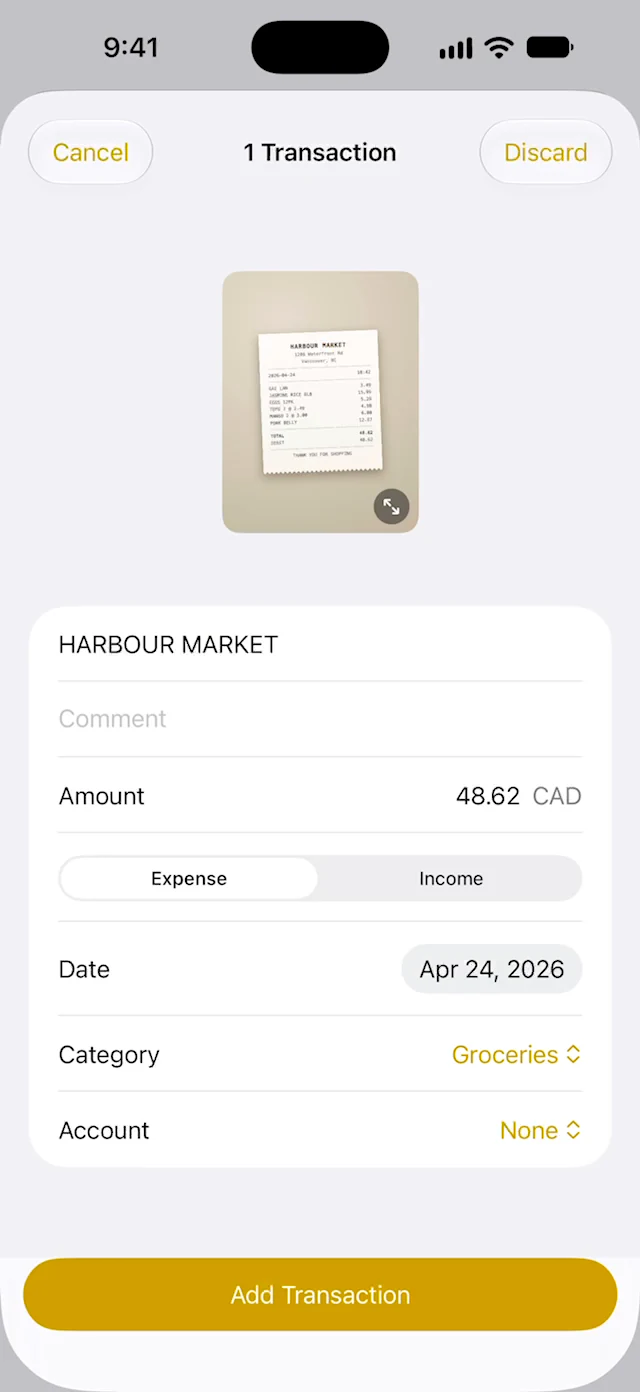 The review screen for a scanned receipt, with the merchant, amount, date and category filled in and an Add Transaction button at the bottom