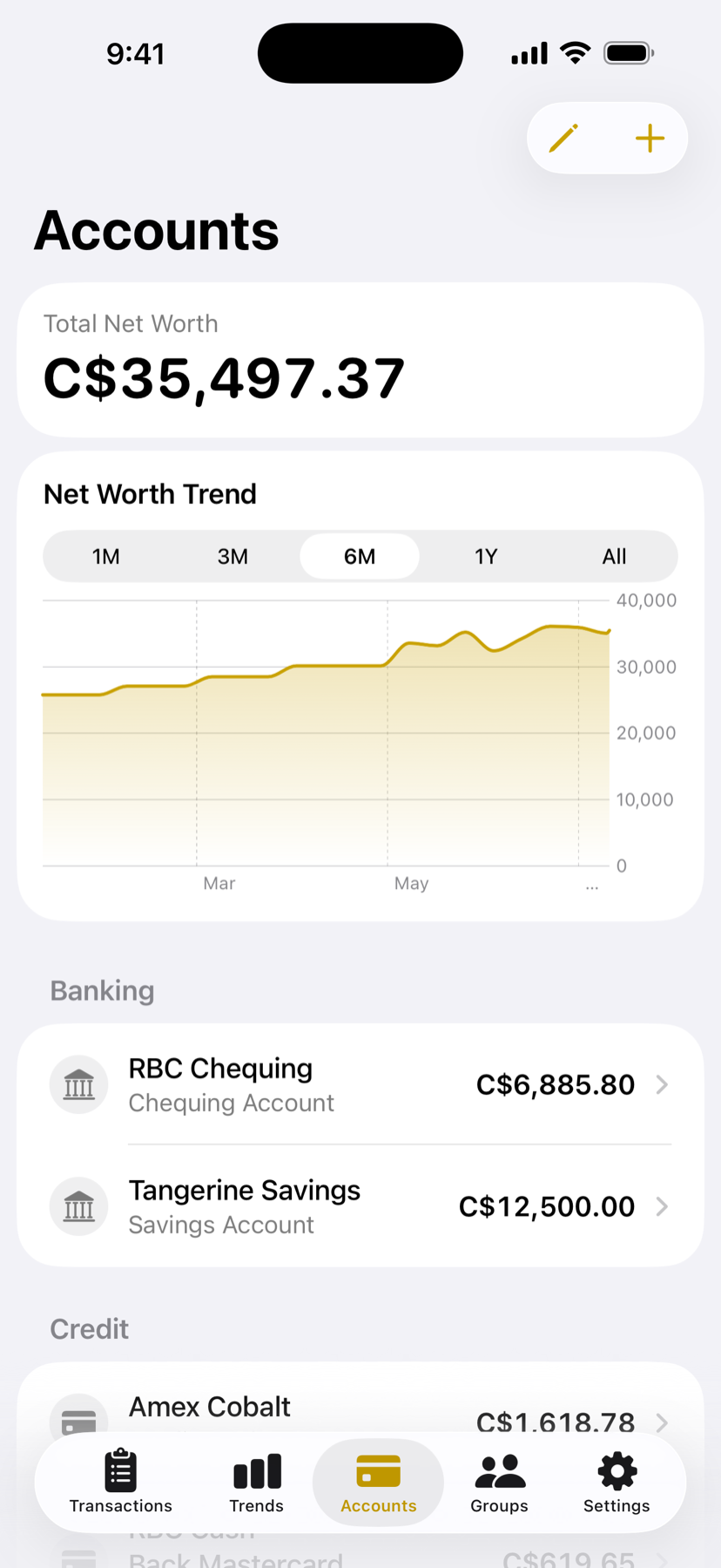 Gradually accounts screen with net worth chart and account balances