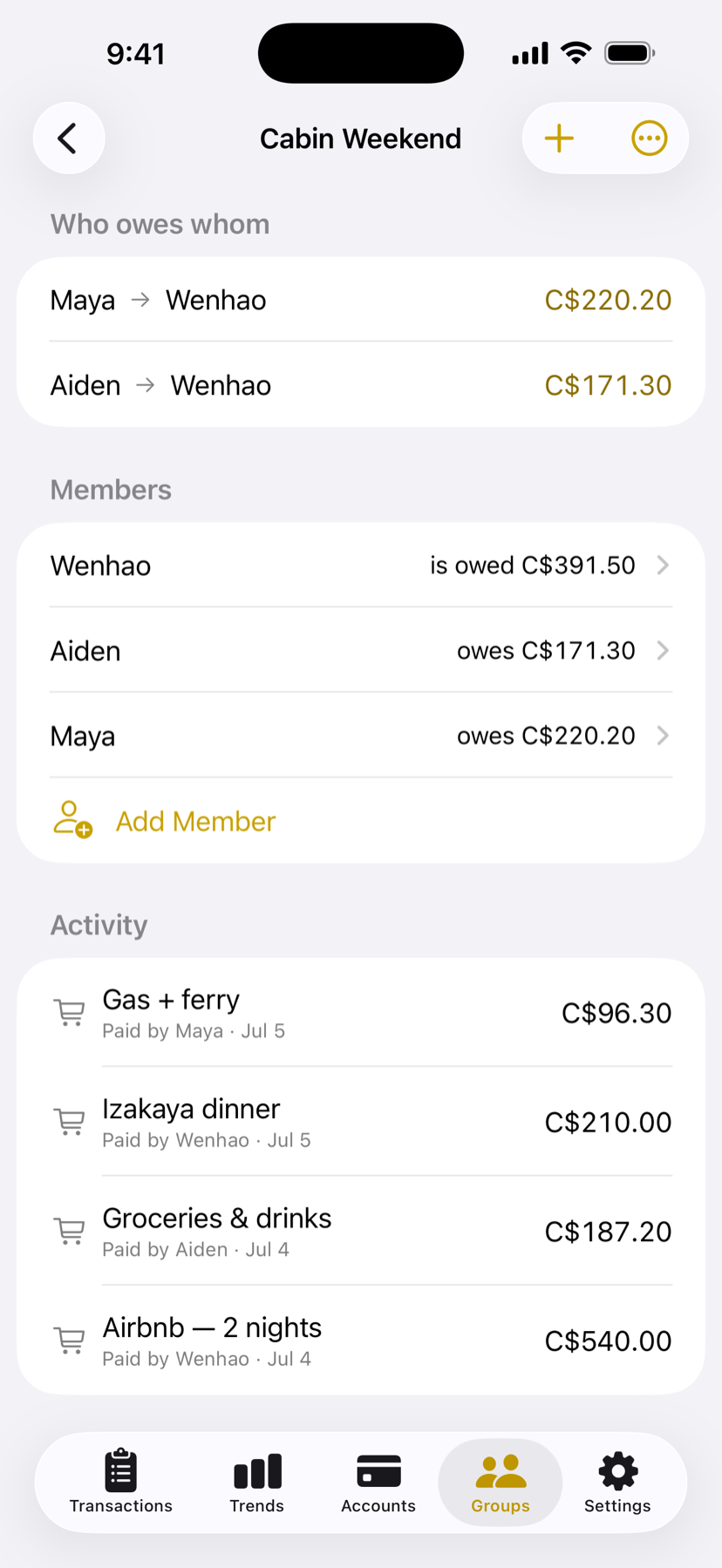 Gradually groups screen showing a shared trip with split expenses