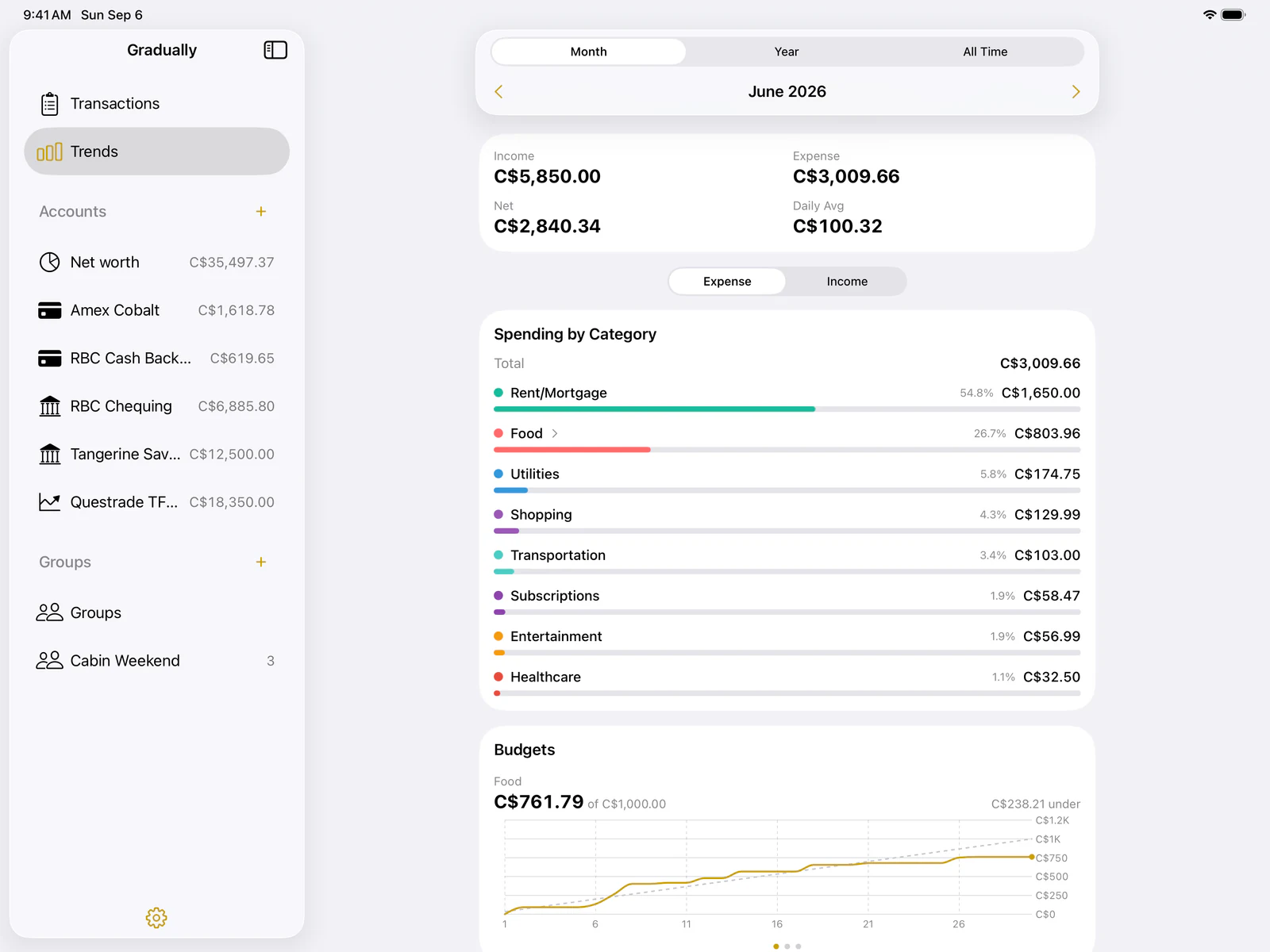 Gradually on iPad: the sidebar beside June's spending by category and a budget