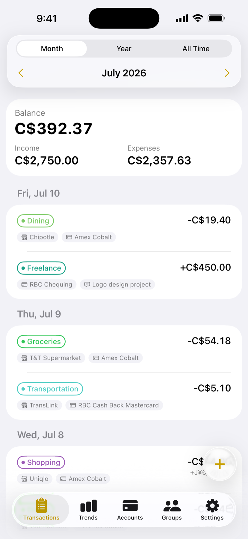 Gradually transactions screen with categorized expenses and monthly balance